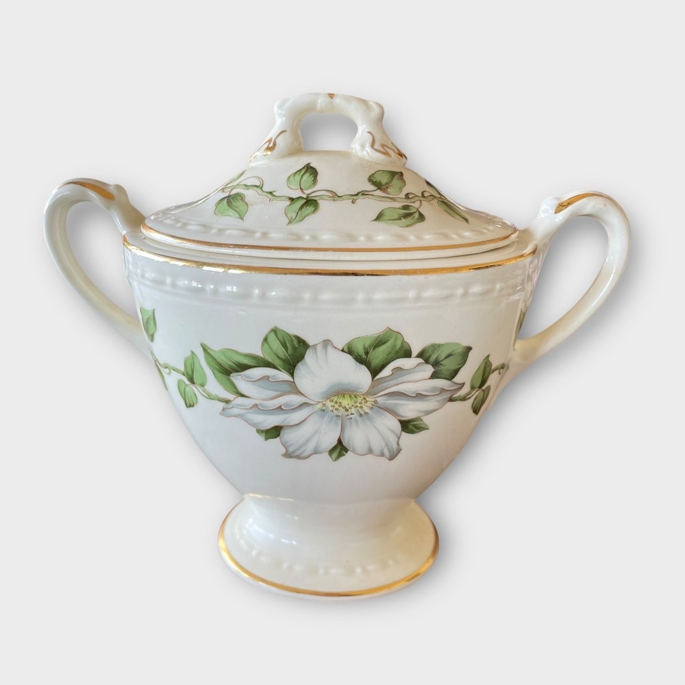 Homer Laughlin Eggshell Georgian Cotillion Sugar Bowl Lid White Floral Gold Trim